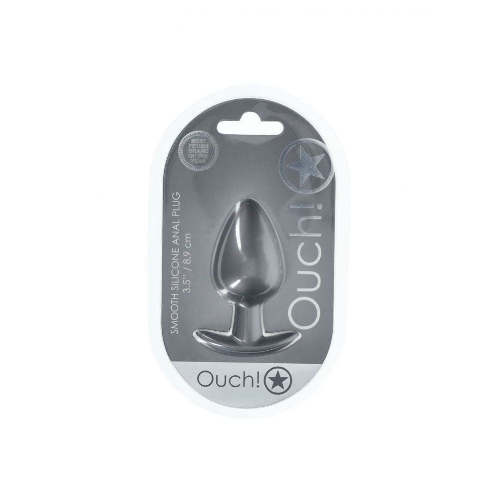 OUCH! Anal Plug - Large - Gun Metal - Gun Metal Grey 8.9 cm Large Butt Plug packaging image with smooth silicone design.