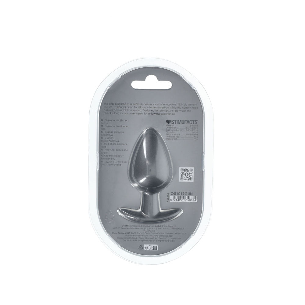 OUCH! Anal Plug - Large - Gun Metal - Gun Metal Grey 8.9 cm Large Butt Plug packaging with product details.