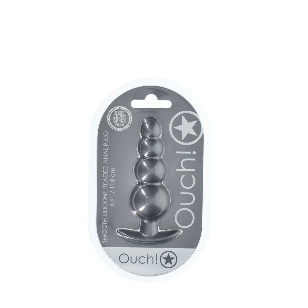 OUCH! Beaded Anal Plug - Gun Metal - Gun Metal Grey 11.7 cm Butt Plug in packaging, showcasing its soft silicone and beaded design.