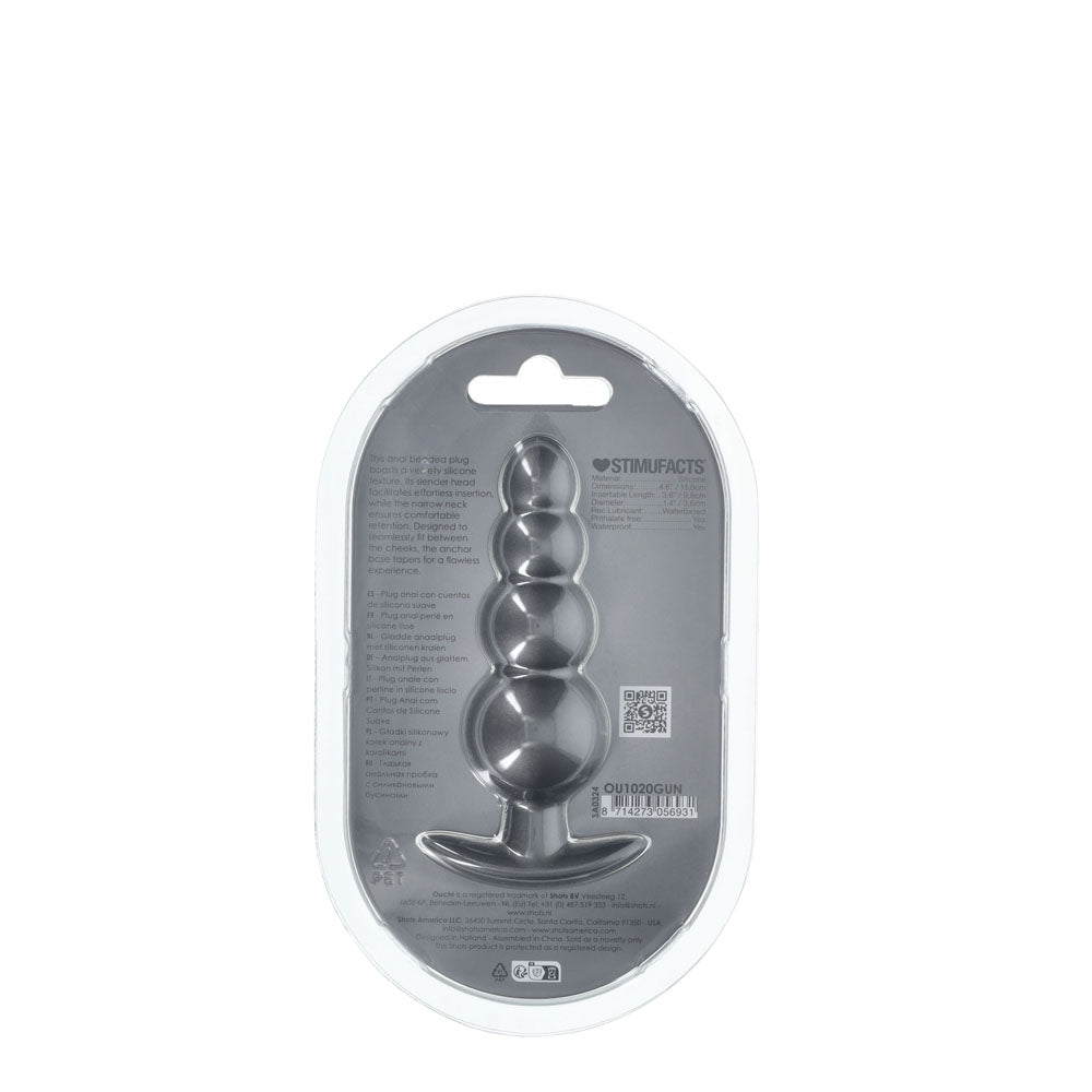 OUCH! Beaded Anal Plug - Gun Metal - Gun Metal Grey 11.7 cm Butt Plug packaging image.