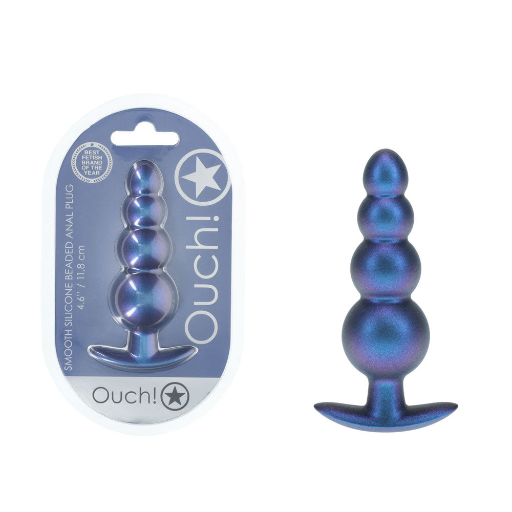 OUCH! Beaded Anal Plug - Metallic  - Metallic  11.7 cm Butt Plug in packaging with smooth silicone design.