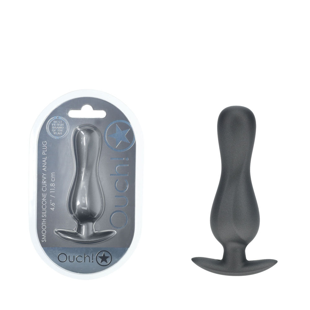 OUCH! Curvy Anal Plug - Gun Metal - Gun Metal Grey 11.7 cm Butt Plug with packaging and product display