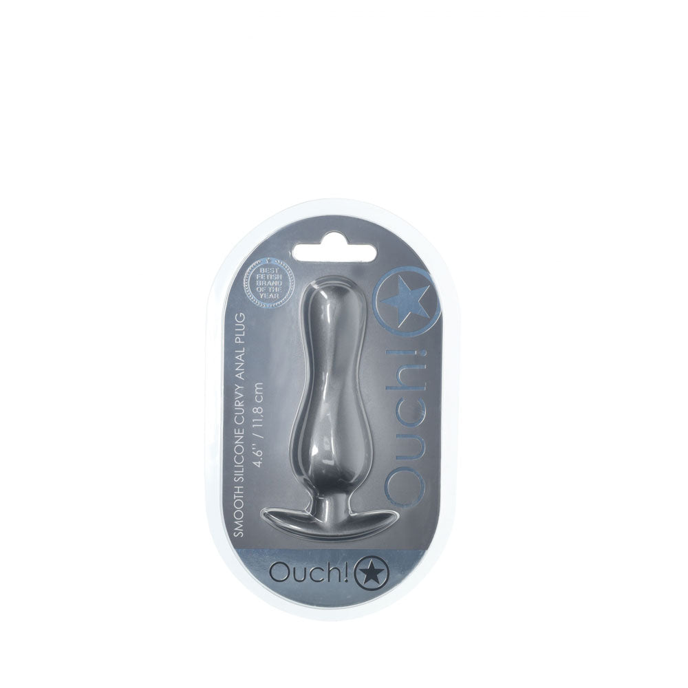 OUCH! Curvy Anal Plug - Gun Metal - Gun Metal Grey 11.7 cm Butt Plug in packaging on display.