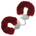 Burgundy fluffy handcuffs for bondage with secure locking mechanism for bedroom fun.