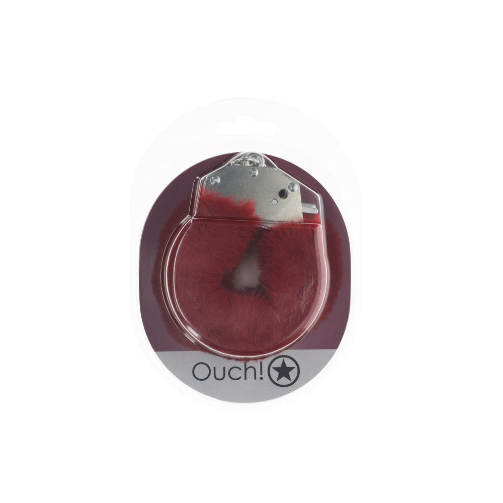 OUCH! Heavy-Duty Fluffy Handcuffs in burgundy, designed for intimate adventures and fluffy handcuffs for bondage.