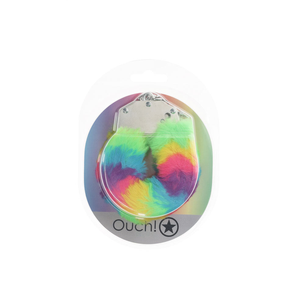 OUCH! Heavy-Duty Fluffy Cuffs - Multicolour 1 - Multicoloured Fluffy Restraints in vibrant packaging.
