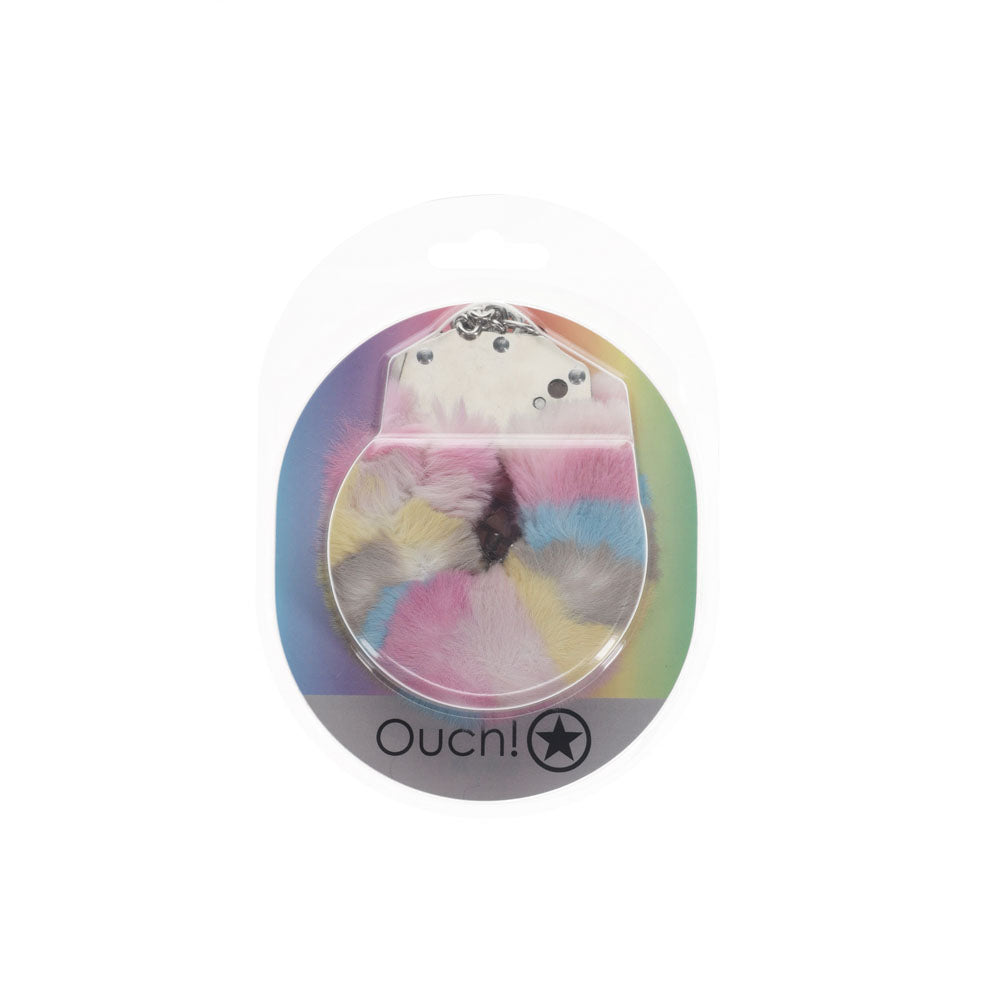 OUCH! Heavy-Duty Fluffy Cuffs - Multicolour 2 - Multicoloured Fluffy Restraints in colorful packaging.