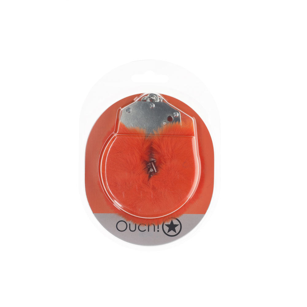OUCH! Heavy-Duty Fluffy Cuffs - Orange - Orange Fluffy Restraints packaging with fluffy cuffs for intimate essentials.