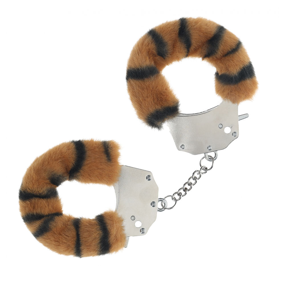 OUCH! Heavy-Duty Fluffy Cuffs - Tiger - Tiger Fluffy Restraints for playful intimate moments and bedroom adventures.