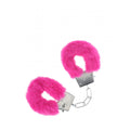 Fluffy handcuffs for intimate play in vibrant pink color with a secure locking mechanism.