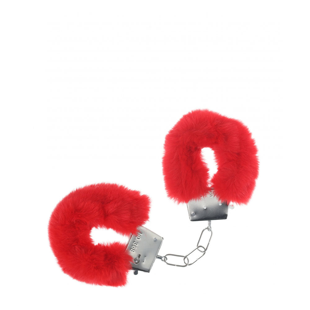 Fluffy handcuffs for bedroom fun in vibrant red with a secure locking mechanism and quick-release button.