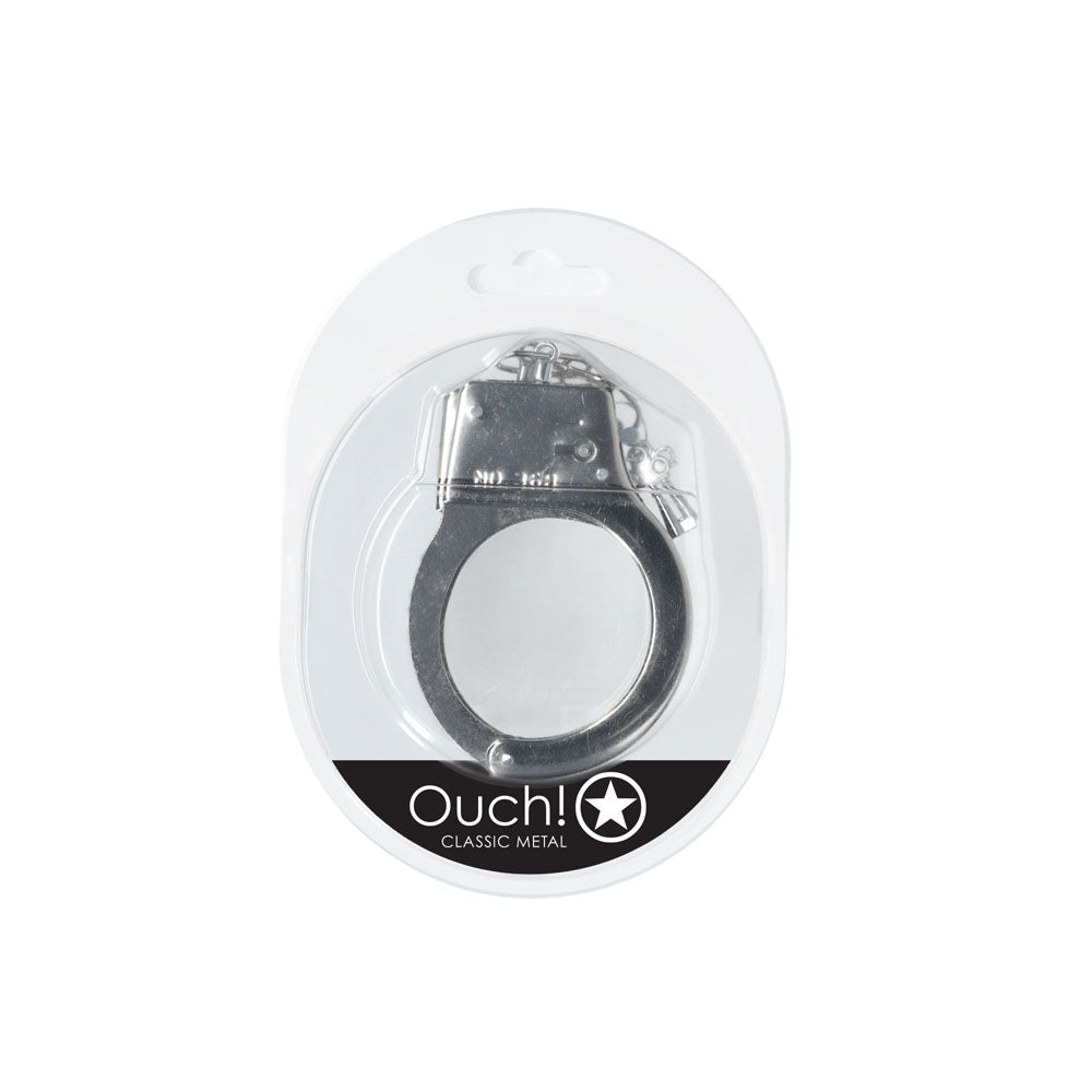 OUCH! Classic Metal Cuffs - Silver - Metal Restraints in packaging, perfect for enhancing intimate moments.