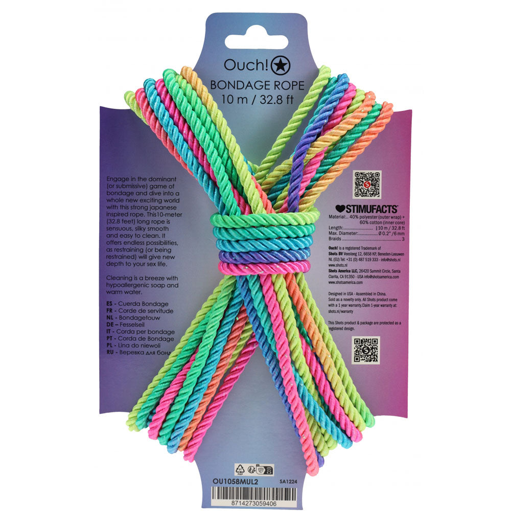 OUCH! Bondage Rope - 10 M - Multicolour 2 - Multicoloured Nylon Bondage Rope - 10 metre Length, multicoloured rope for bondage play.