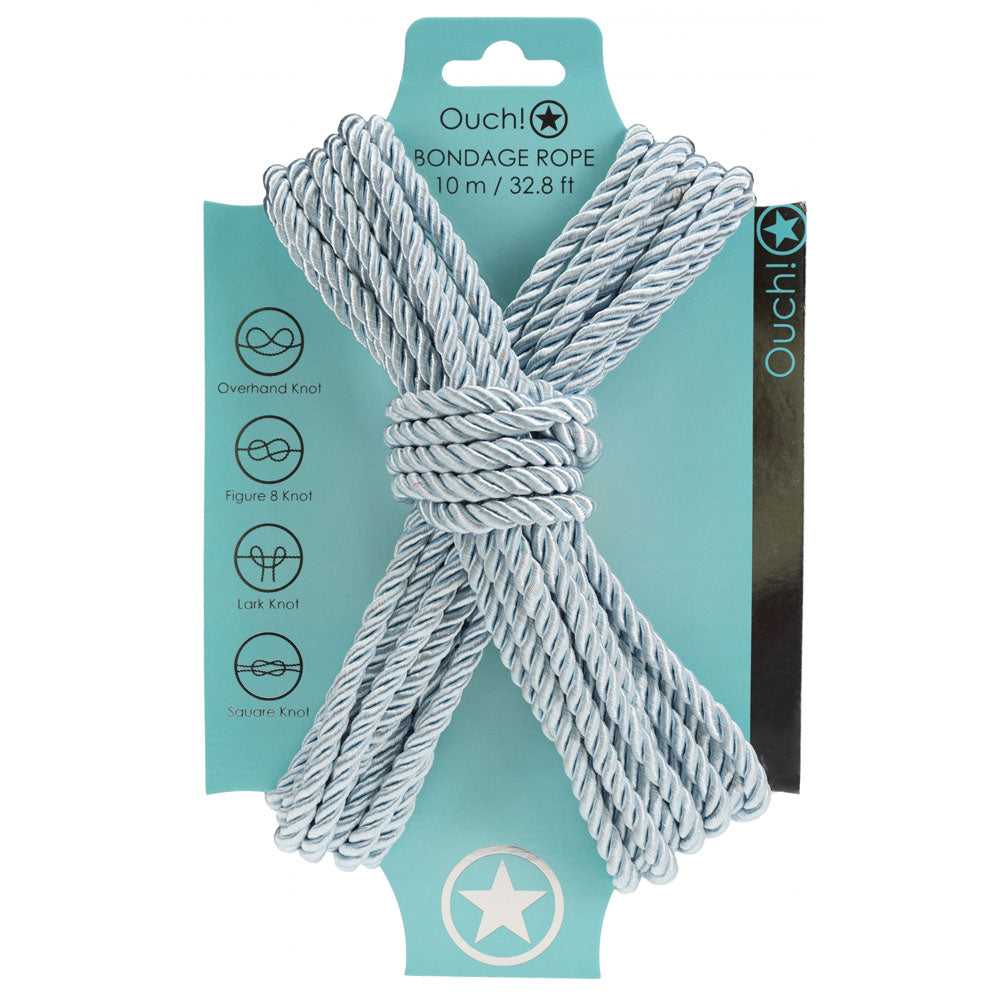 OUCH! Bondage Rope - 10 M - Powder  - Powder  Nylon Bondage Rope - 10 metre Length on a packaging display.