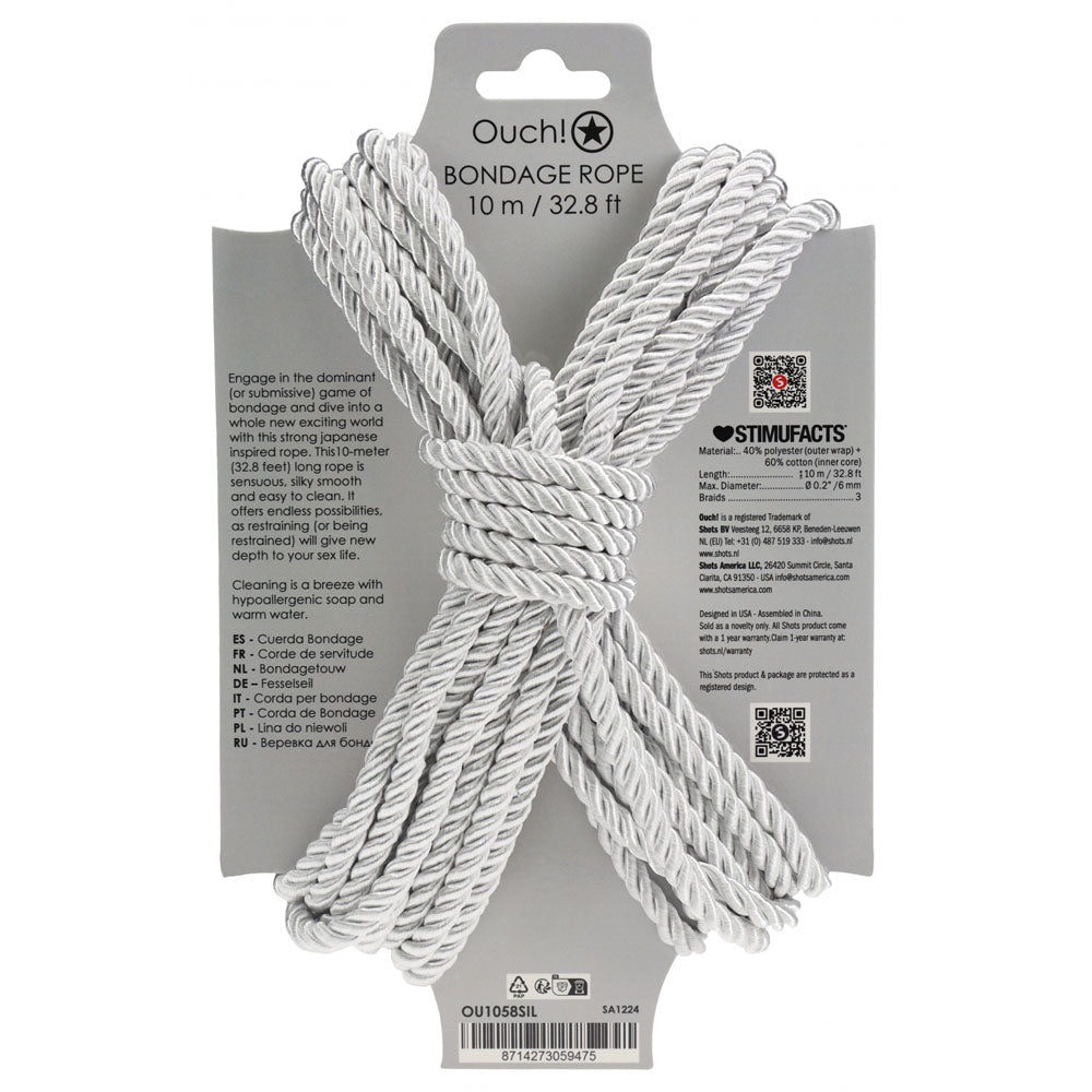 OUCH! Bondage Rope - 10 M - Silver - Silver Nylon Bondage Rope - 10 metre Length packaging on display.