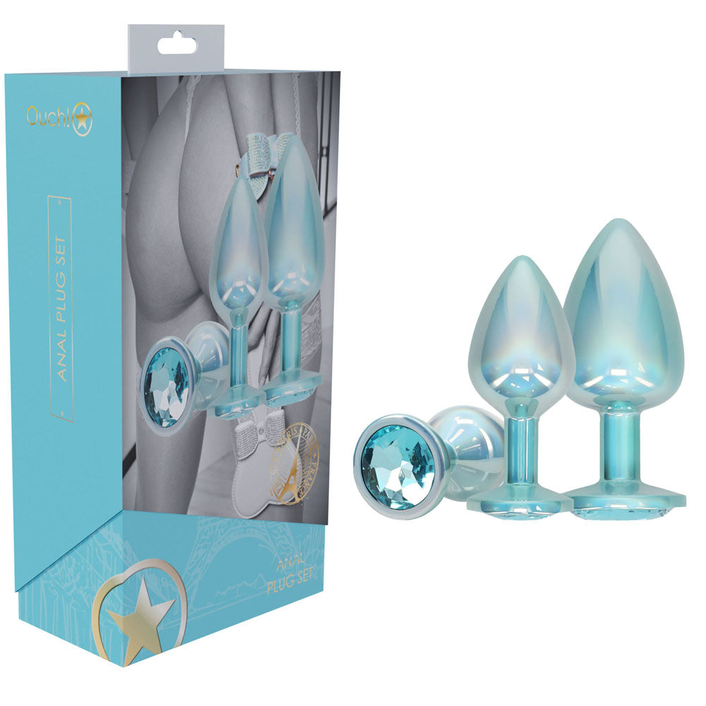 OUCH! Paris Collection - Metal Anal Plug Set -  - Metallic  Butt Plugs with Gem Bases - Set of 3 Sizes featuring iridescent design.
