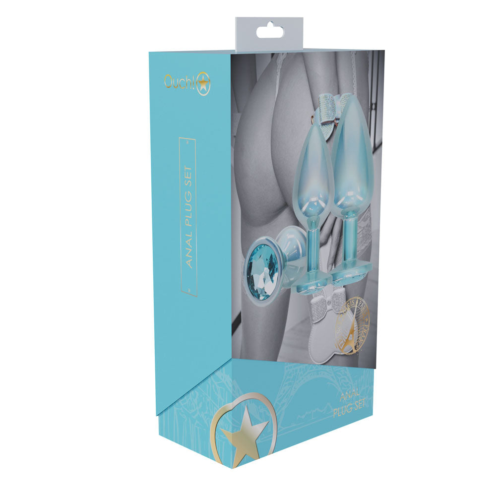 OUCH! Paris Collection - Metal Anal Plug Set -  - Metallic  Butt Plugs with Gem Bases - Set of 3 Sizes packaging