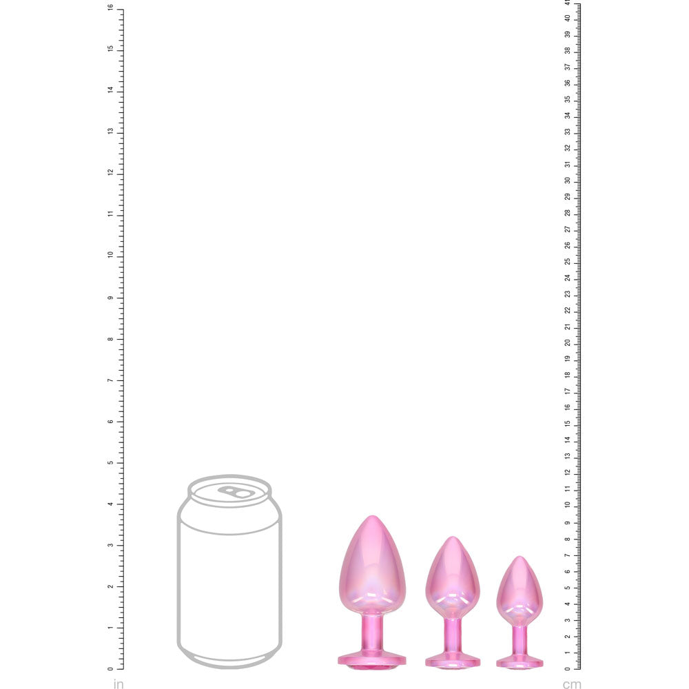 OUCH! Paris Collection - Metal Anal Plug Set -  - Metallic  Butt Plugs with Gem Bases - Set of 3 Sizes displayed next to a can for size comparison.
