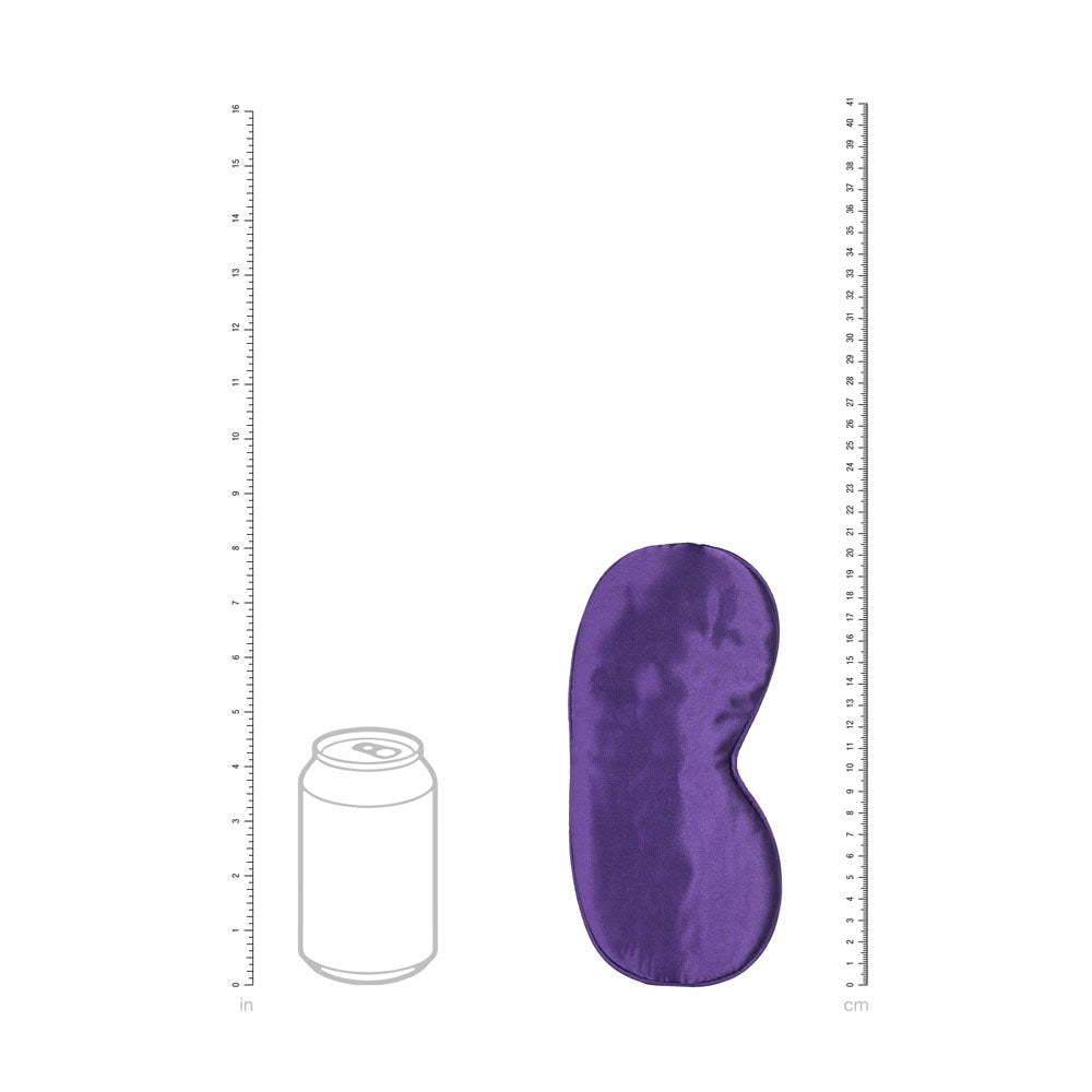 OUCH! Satin Mask -  -  Eye Mask in deep purple fabric next to a can for size comparison.