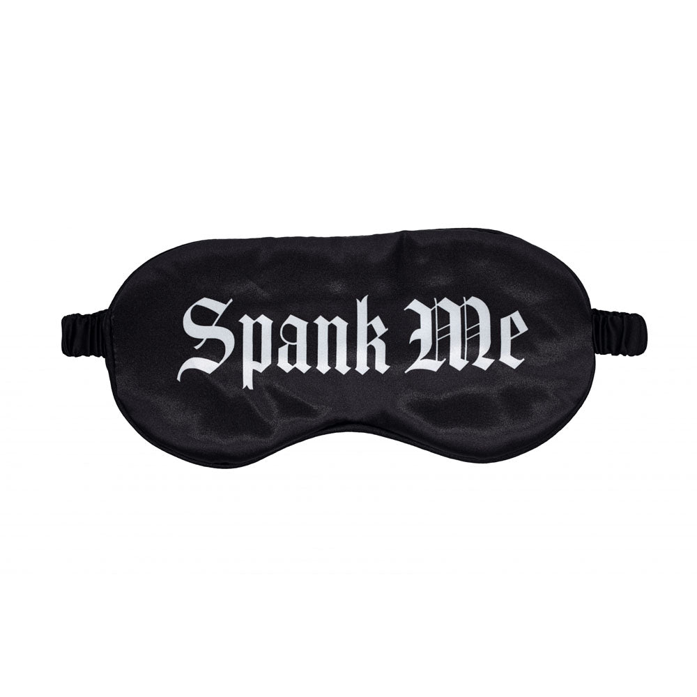 OUCH! Satin Mask - Spank Me -  Printed Eye Mask in smooth black fabric with bold lettering.