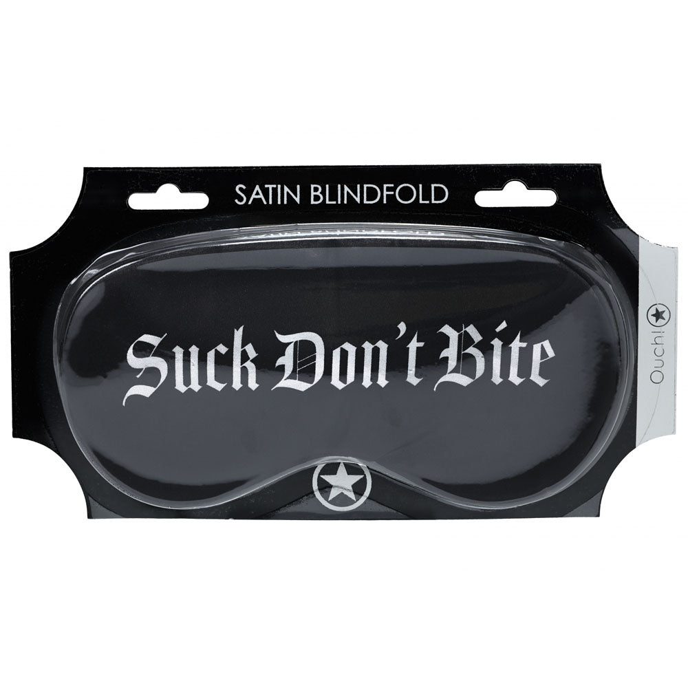 OUCH! Satin Mask - Suck Don't Bite -  Printed Eye Mask packaging with sleek black design and bold white lettering.
