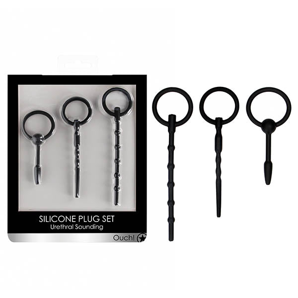 OUCH! Urethral Sounding Plug Set - Black - Set of 3 Sizes in silicone packaging for urethral play.