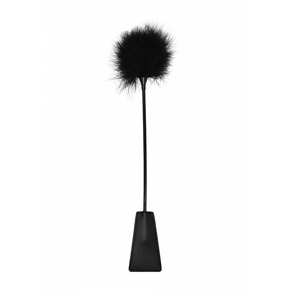 Ouch! Crop With Feather - Black Whip featuring a soft feathered tip, perfect for playful teasing with a feathered crop whip.