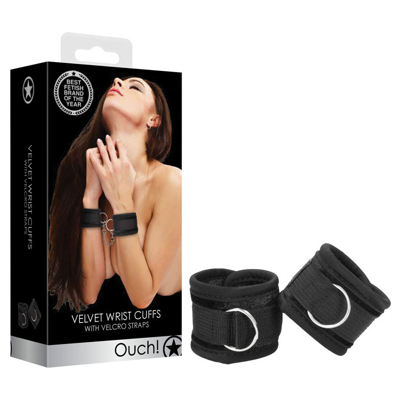 OUCH! Velvet & Velcro Adjustable Handcuffs - Restraints with model demonstrating usage and packaging.