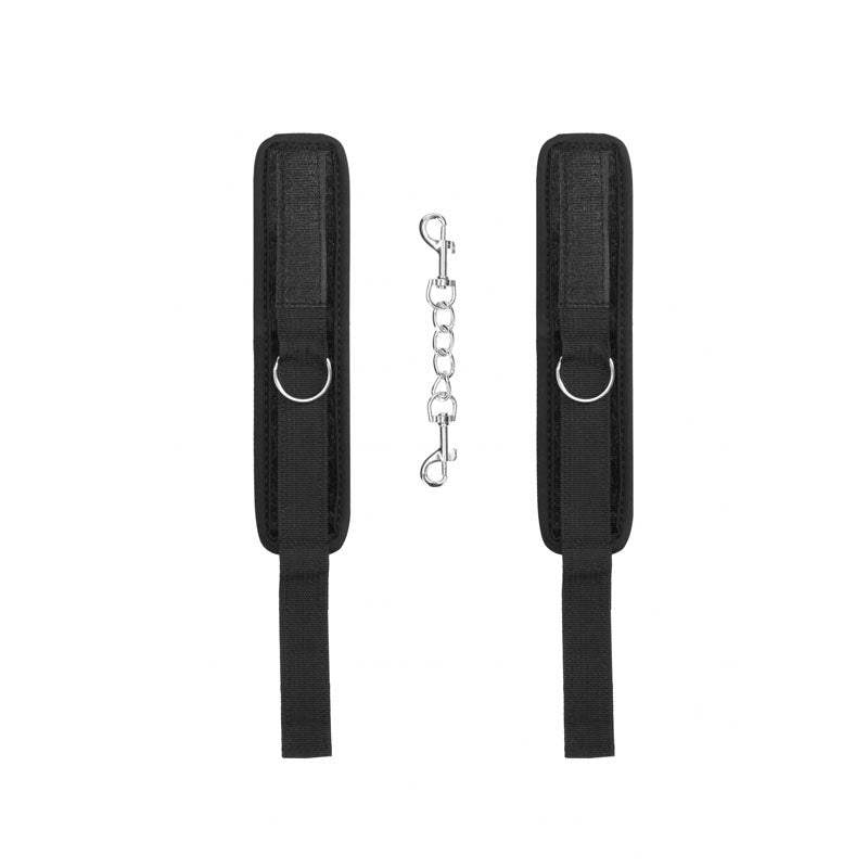 OUCH! Velvet & Velcro Adjustable Handcuffs - Restraints featuring durable black straps and metal connectors.