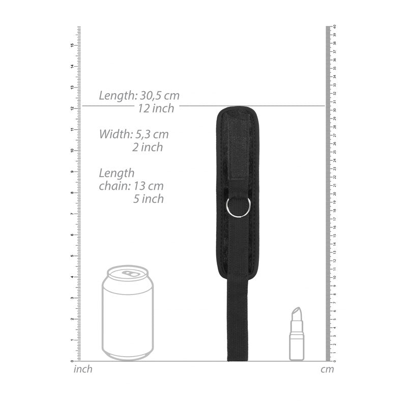 Measurements of OUCH! Velvet & Velcro Adjustable Handcuffs - Restraints showing length, width, and chain length for sizing.