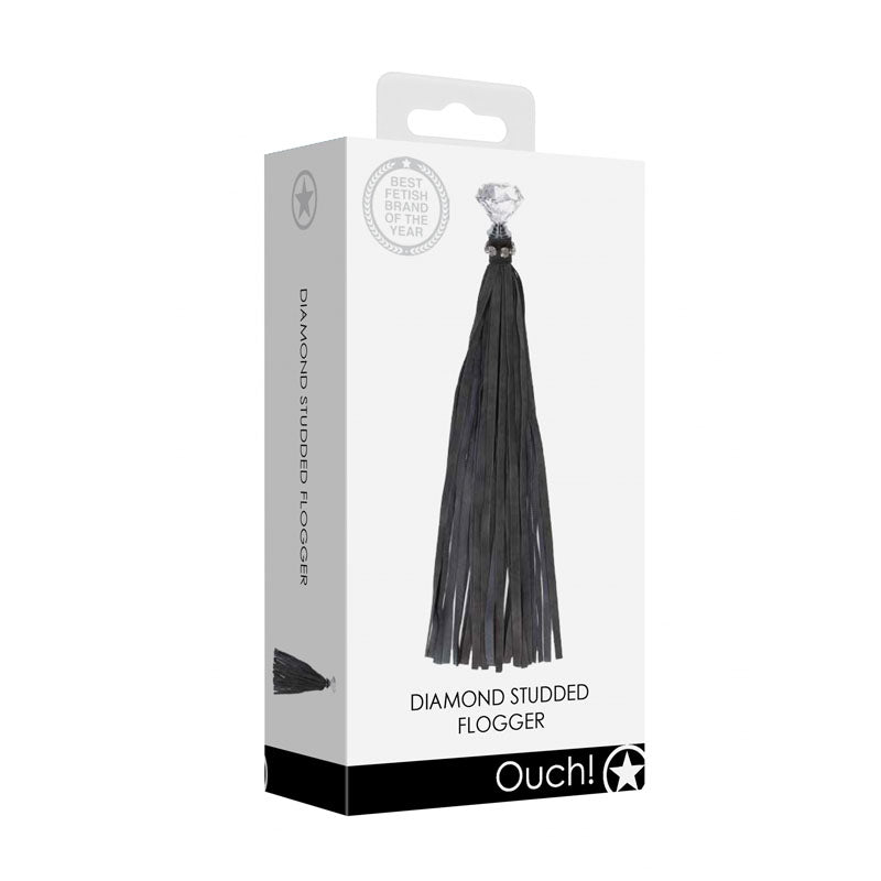 OUCH! Diamond Studded Whip - Whip packaging featuring a sleek design and diamond accent for BDSM enthusiasts.