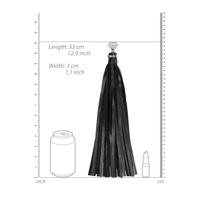OUCH! Diamond Studded Whip - Whip dimensions, 33 cm length, 3 cm width, featuring elegant black leather tassels.