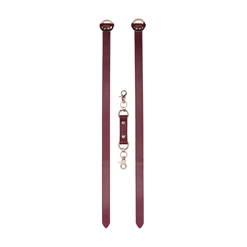 OUCH! Halo - Thigh Cuffs - Burgundy Leg Restraints with gold accents for stylish BDSM play.