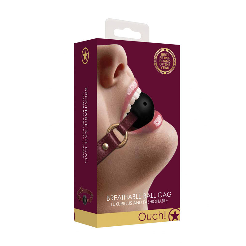 OUCH! Halo - Breathable Ball Gag - Burgundy Mouth Restraint packaging showcasing the luxurious gag design.