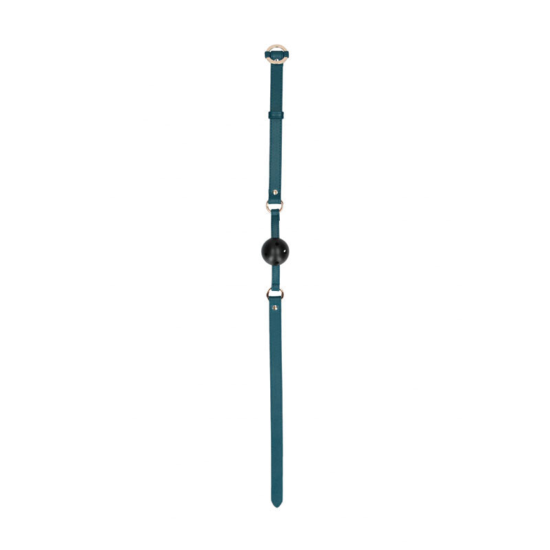 OUCH! Halo - Breathable Ball Gag -  Mouth Restraint in luxurious teal with golden accents, perfect for BDSM play.