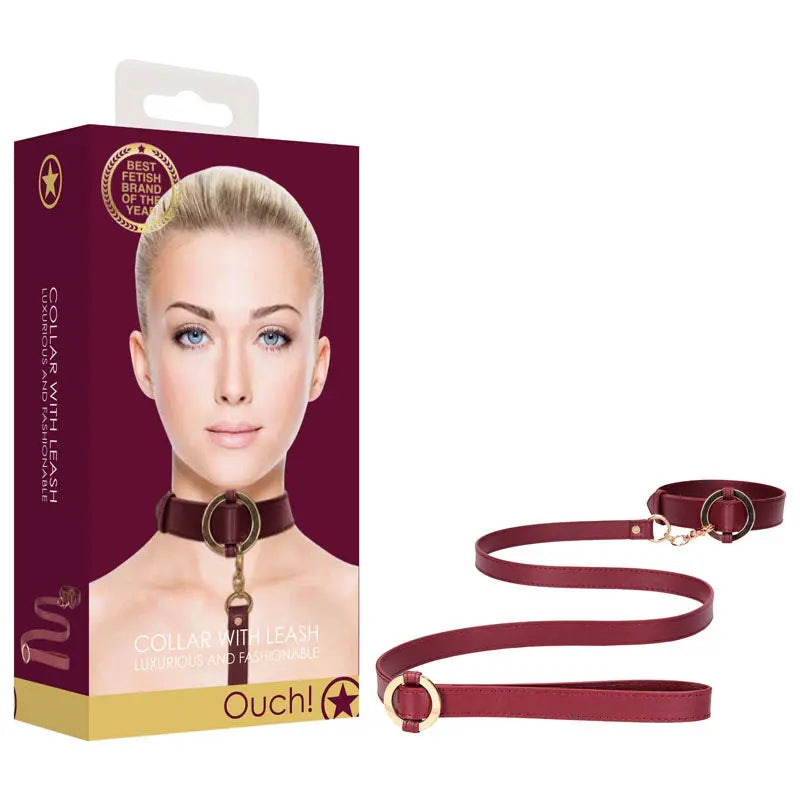OUCH! Halo - Collar With Leash - Burgundy Restraint Shots Toys Discreet Intimate Essentials.