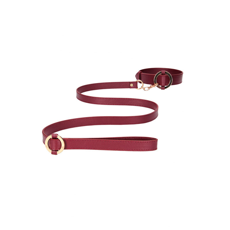 OUCH! Halo - Collar With Leash - Burgundy Restraint featuring luxurious burgundy leather and golden decorations.