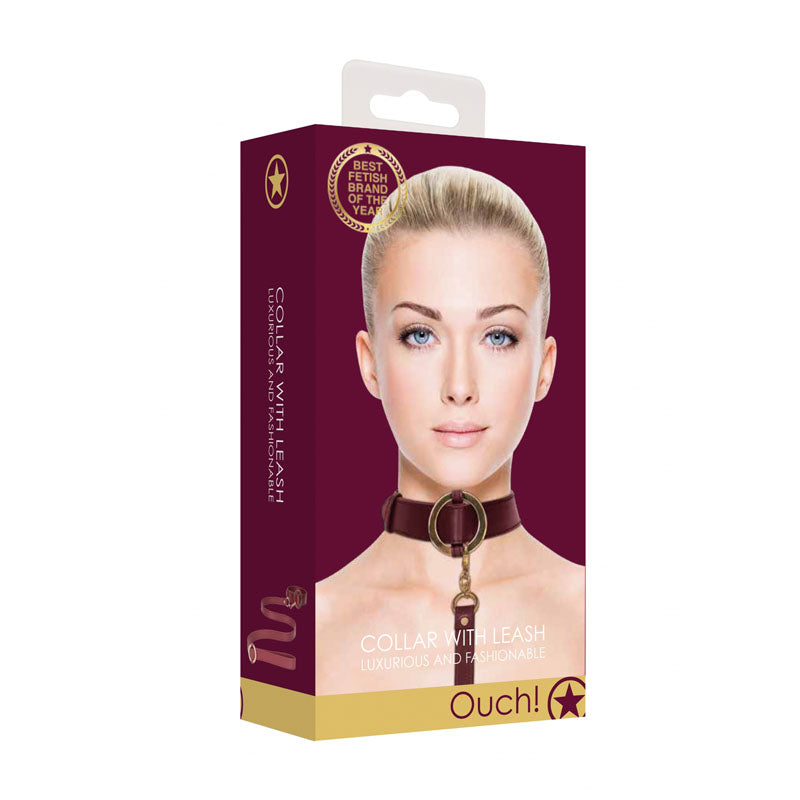 OUCH! Halo - Collar With Leash - Burgundy Restraint packaging featuring a model, luxurious design, and stylish look.