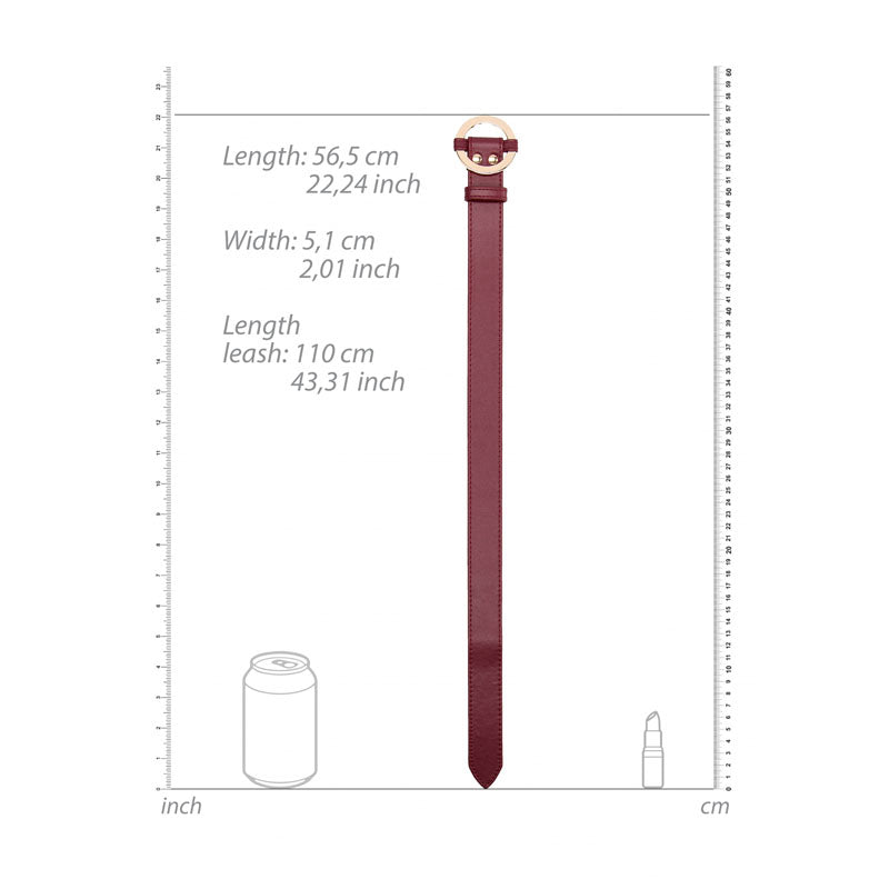 OUCH! Halo - Collar With Leash - Burgundy Restraint size dimensions including collar length and width.