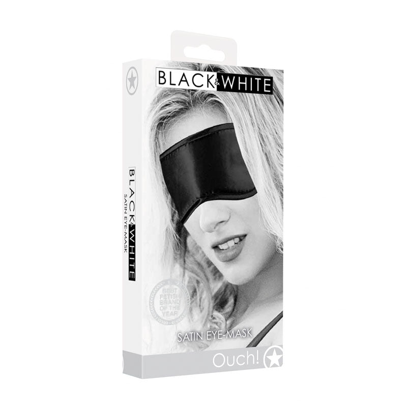 OUCH!  & White Satin Eye-Mask -  Eye Restraint packaging displayed on a model with elegant features.