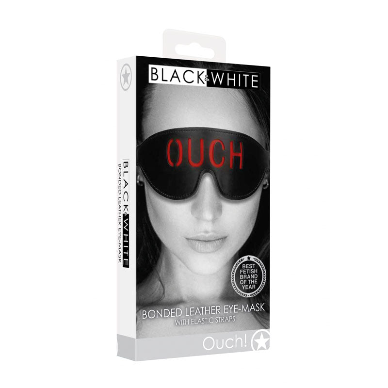 OUCH!  & White Bonded Leather Eye-Mask ''Ouch'' -  Eye Restraint in packaging with elastics straps visible.
