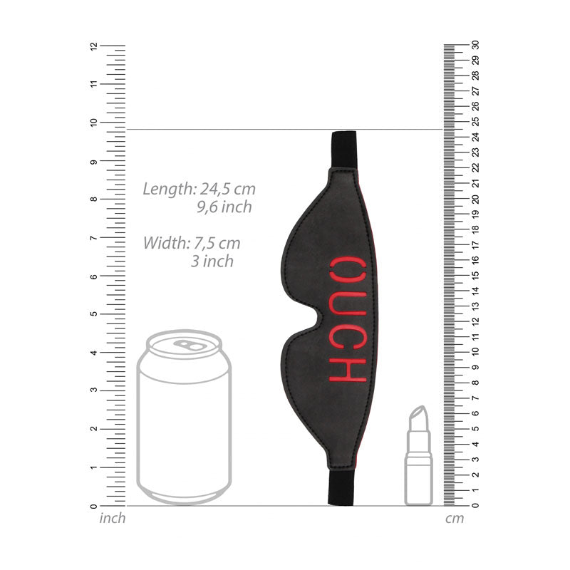 OUCH!  & White Bonded Leather Eye-Mask ''Ouch'' -  Eye Restraint with dimensions and comparison to can and bottle.