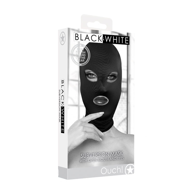 OUCH! Subversion Mask With Open Mouth -  Hood packaging featuring a model wearing the mask.