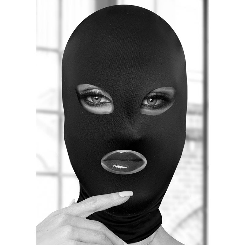 OUCH! Subversion Mask With Open Mouth - Hood worn by a model, showcasing its intimate and comfortable design.
