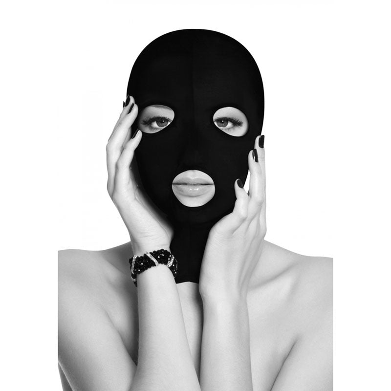 OUCH! Subversion Mask With Open Mouth -  Hood worn by a model, showcasing sleek black design and open mouth feature.