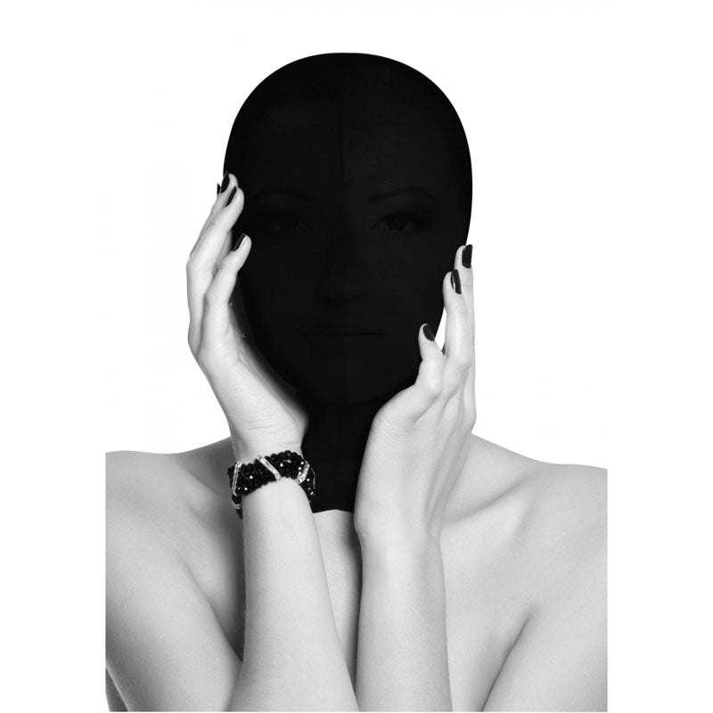 OUCH! Subjugation Mask - Hood Mask showcased on a model obscured by the shiny black fabric, enhancing senses.