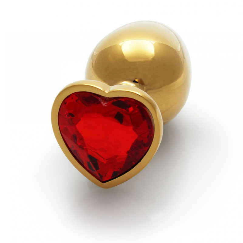OUCH! Heart Gem Gold Butt Plug - Large - Gold 9.3 cm Large Butt Plug with Heart Gem Base on a white background.