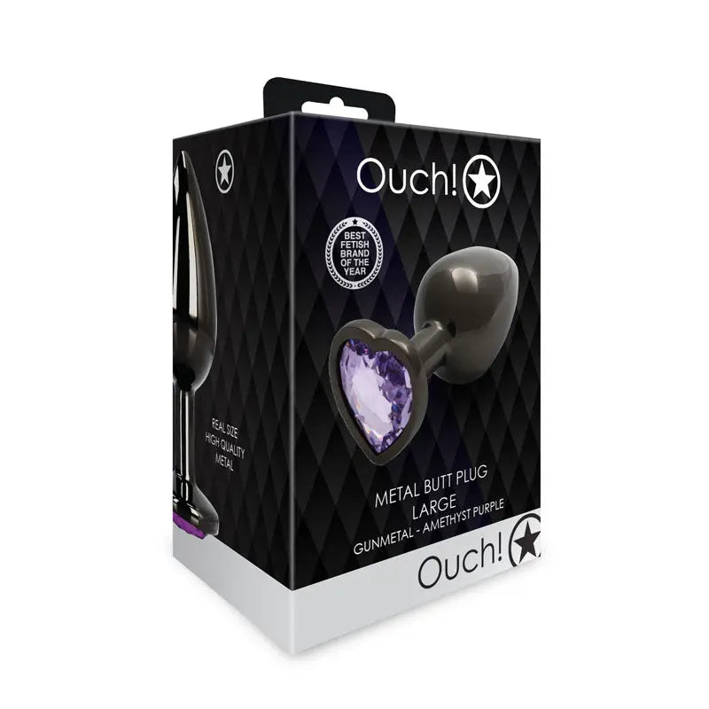 OUCH! Heart Gem Gunmetal Butt Plug - Large - Gunmetal 9.3 cm Large Butt Plug with Heart Gem Base Shots Toys Discreet Intimate Essentials.