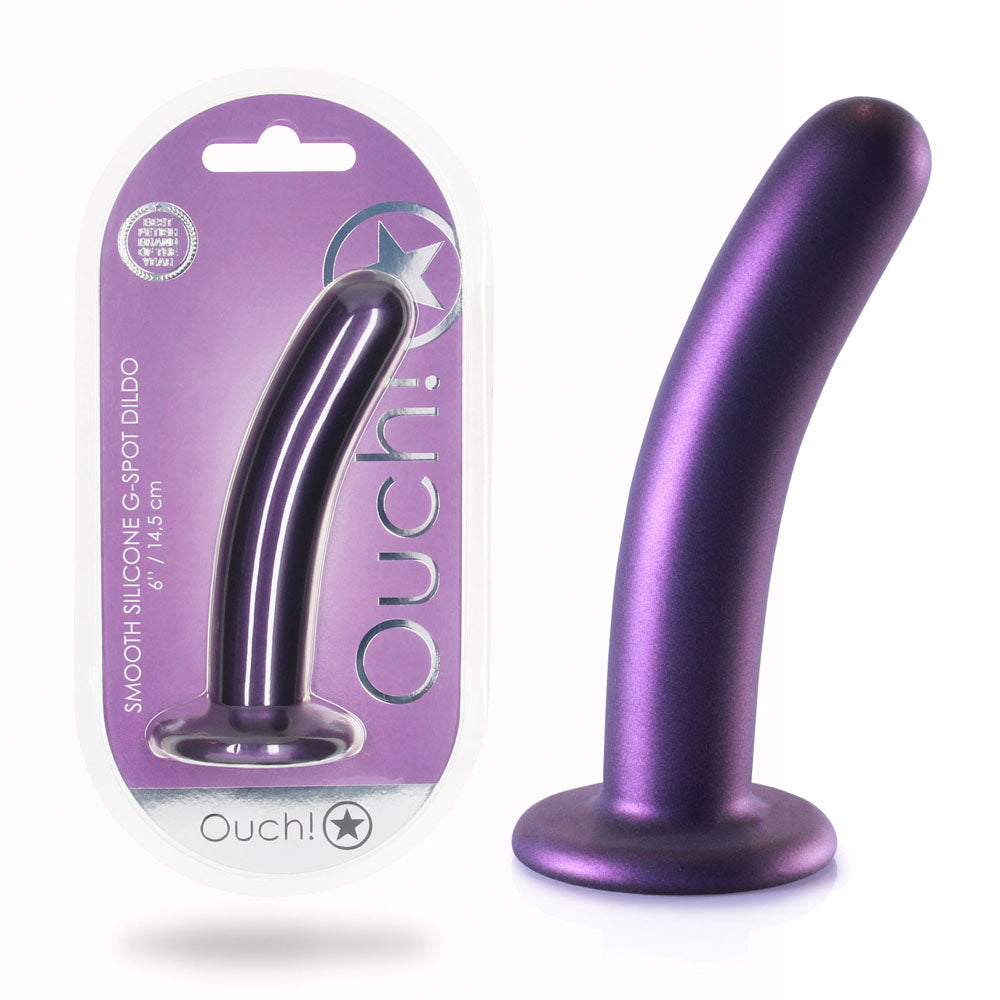 OUCH! Smooth Silicone G-Spot Dildo - 6'' / 14.5 cm in metallic purple with strong suction cup.