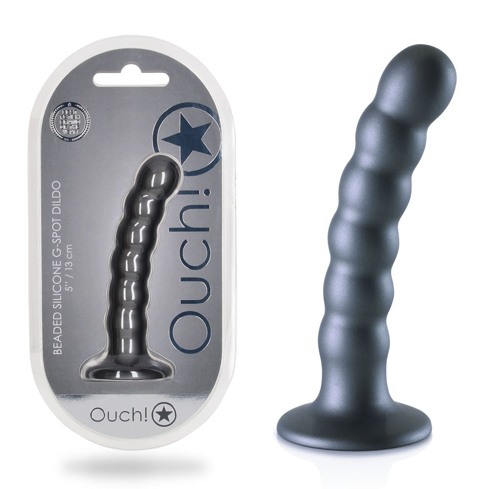 OUCH! Beaded Silicone G-Spot Dildo - 5'' / 13cm - Gunmetal 13 cm Dildo packaging and product image.